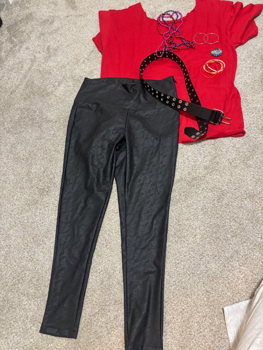 DIY 1980s Rocker Costume Bundle – Size L Black Faux Leather Lace Leggings & Red - Picture 3 of 8